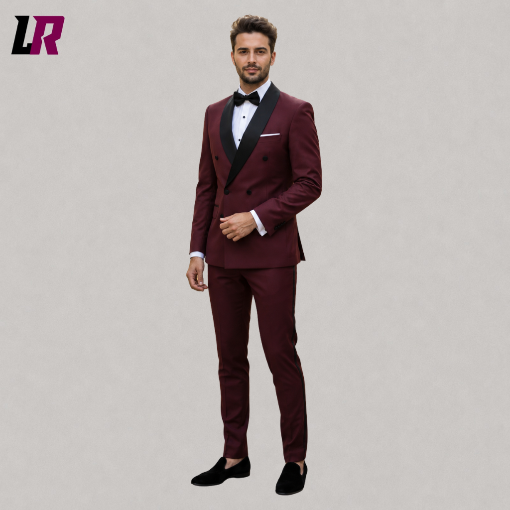 Front view of a men's burgundy double breasted tuxedo with shawl lapel and matching formal trousers