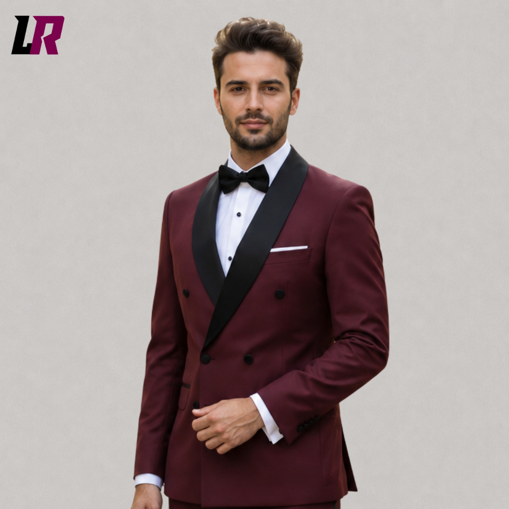 Close-up of a men's burgundy double breasted tuxedo featuring elegant shawl lapels and premium tailoring