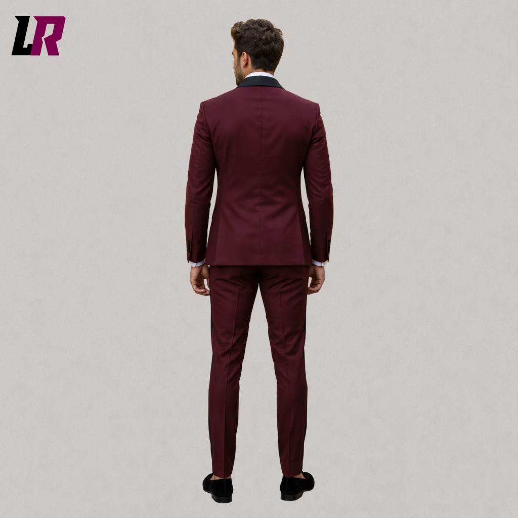 Back view of a custom burgundy formal tuxedo showing the elegant tailored silhouette