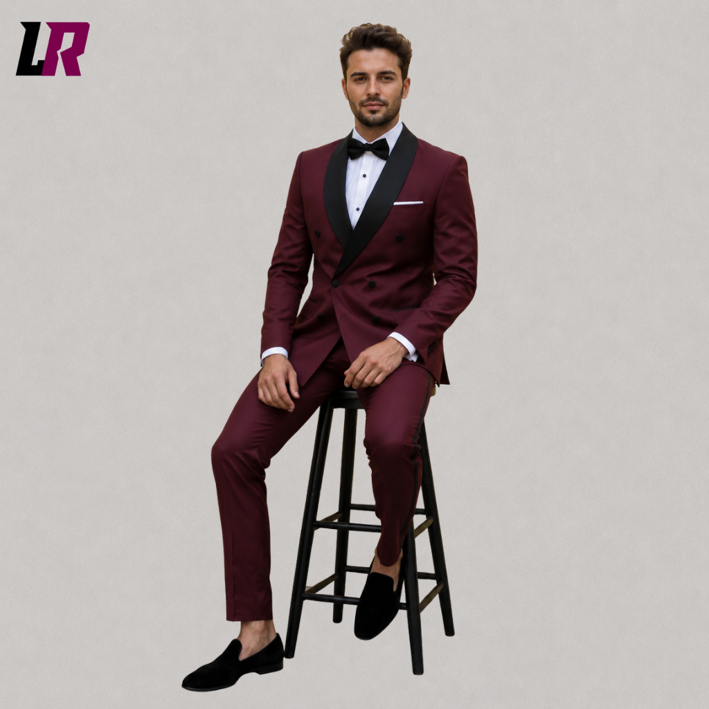 Man sitting on a stool wearing a burgundy double breasted tuxedo for weddings, prom, and black-tie events