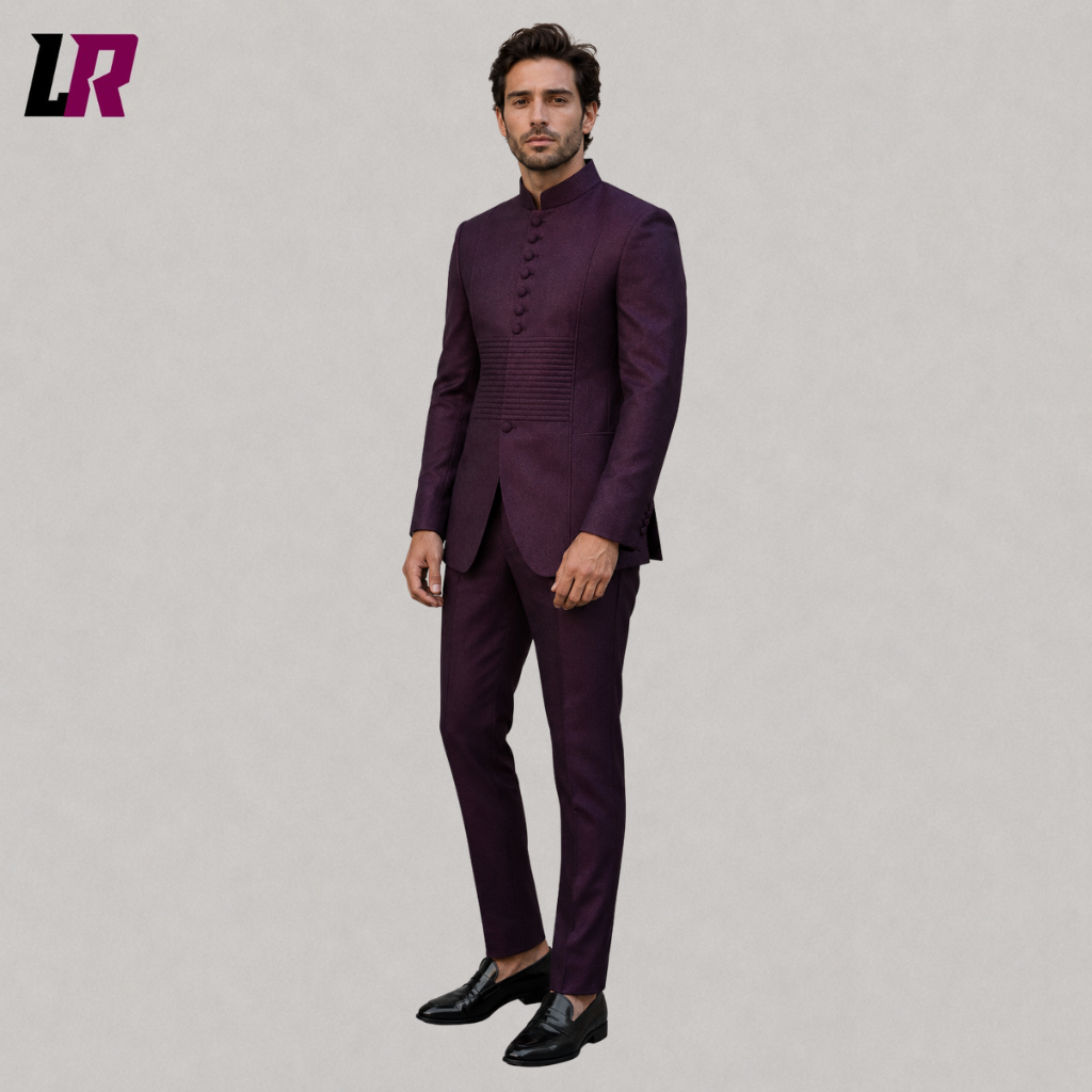 Front view of a men's purple Chinese tunic suit with Mandarin collar and matching trousers