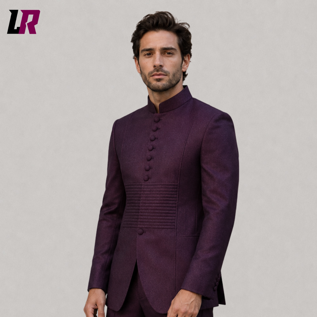 Close-up of a men's purple Mao suit featuring a Mandarin collar and elegant handmade tailoring