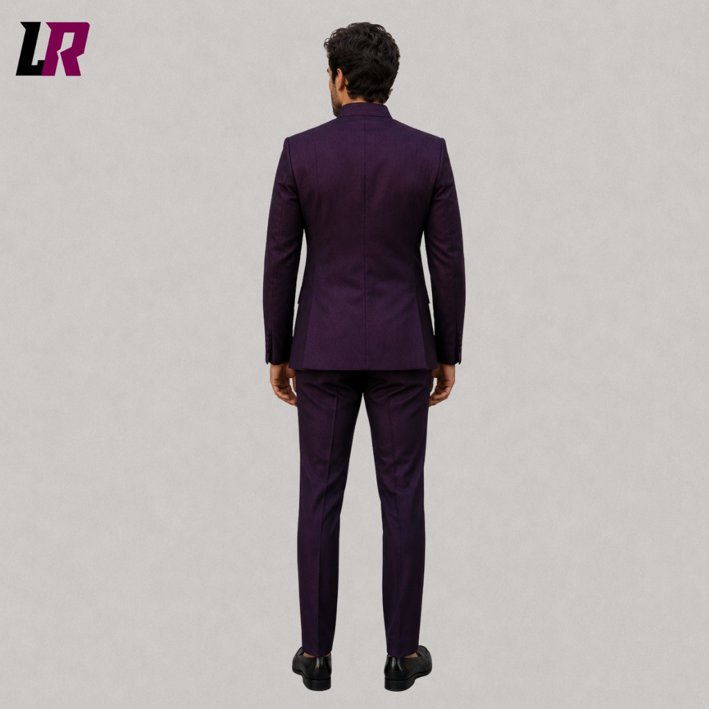 Back view of a custom men's purple Zhongshan-inspired suit showing the tailored silhouette