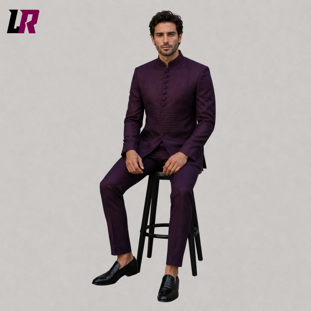Man sitting on a stool wearing a purple Mandarin collar Mao suit for weddings and formal events