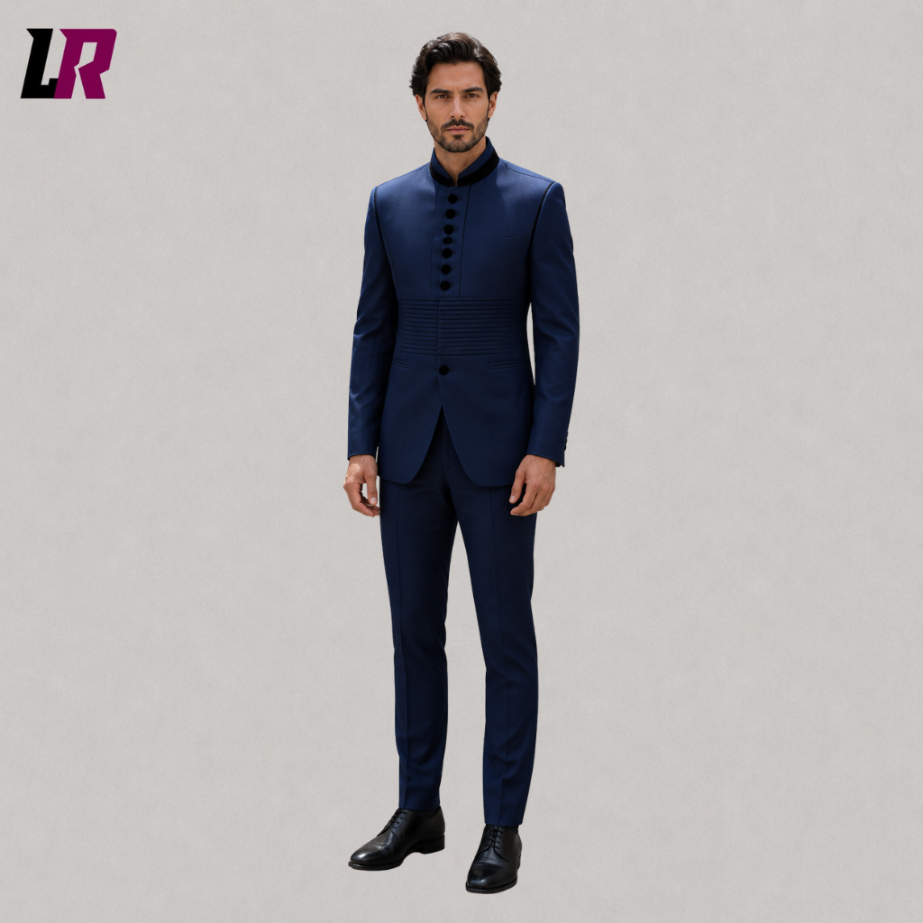 Front view of a men's navy Chinese tunic suit with Mandarin collar and matching trousers
