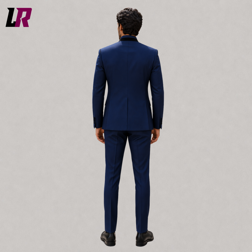 Back view of a custom men's navy Zhongshan-inspired suit showing the elegant tailored silhouette