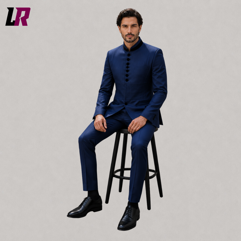 Man sitting on a stool wearing a navy Mandarin collar Mao suit for weddings and formal events