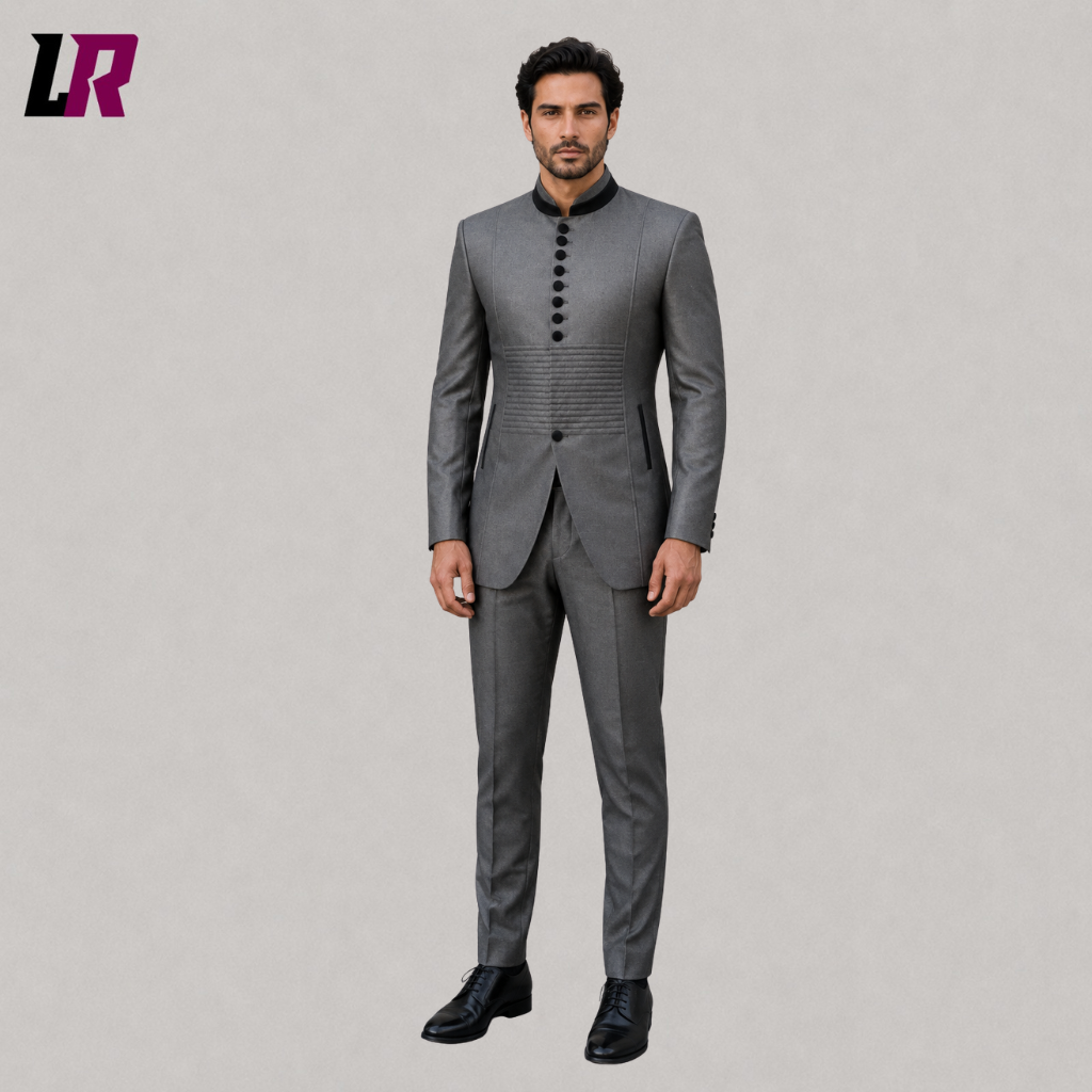 Front view of a men's grey Chinese tunic suit with Mandarin collar and matching trousers