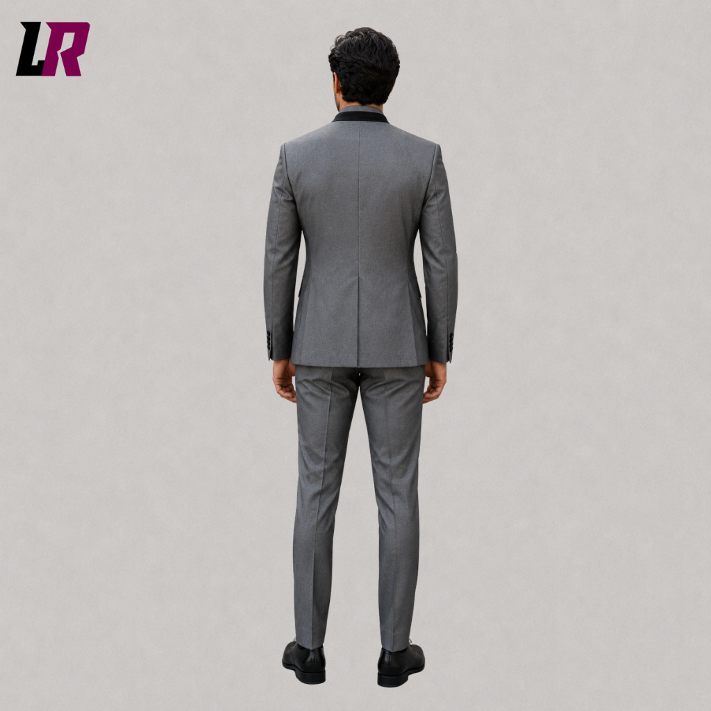 Back view of a custom men's grey Zhongshan-inspired suit showing the elegant tailored silhouette