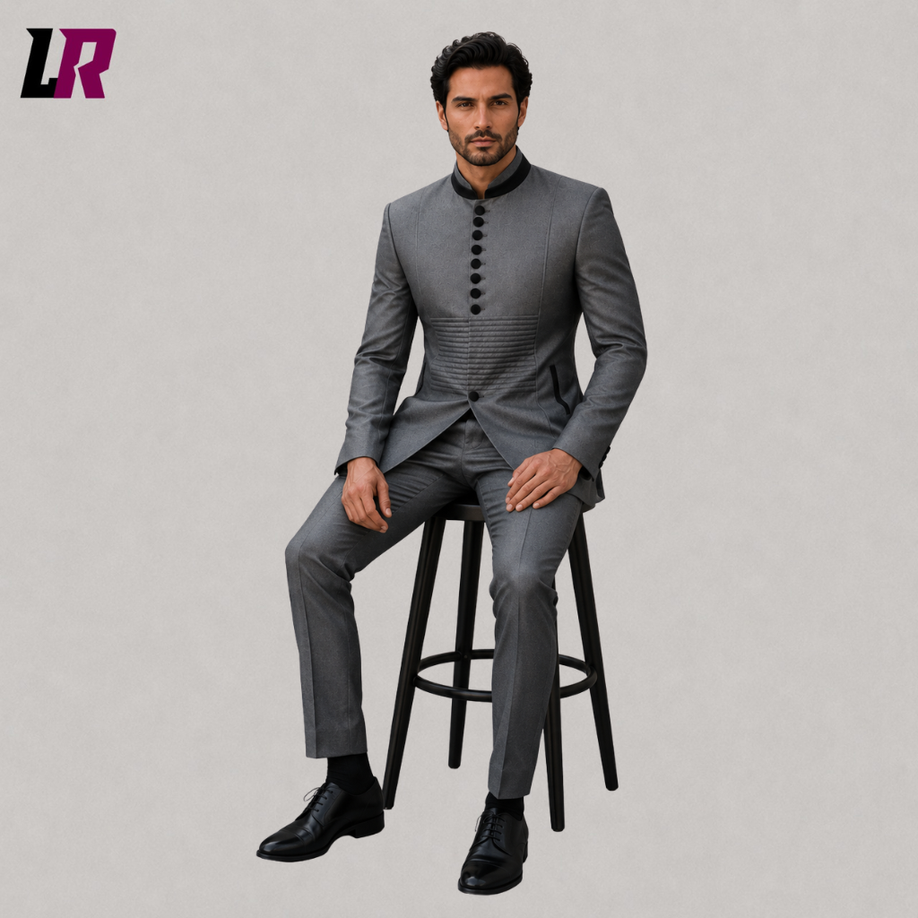 Man sitting on a stool wearing a grey Mandarin collar Mao suit for weddings and formal events