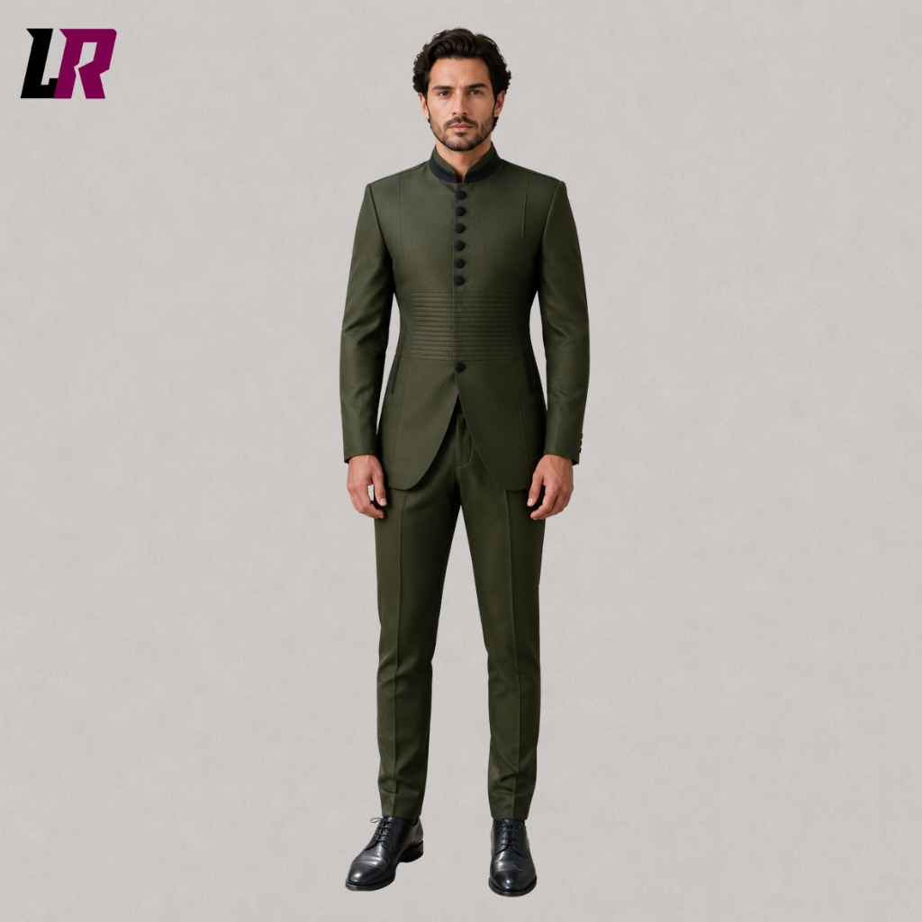 Front view of a men's olive green Chinese tunic suit with Mandarin collar and matching trousers
