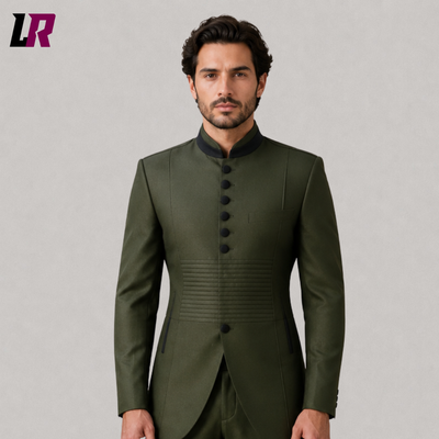 Men's Olive Green Mao Suit | Mandarin Collar Chinese Tunic Wedding Suit