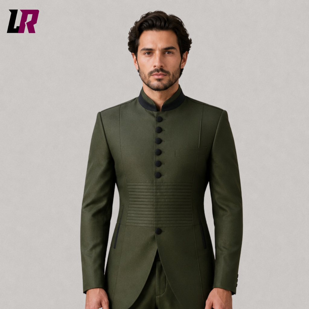 Close-up of a men's olive green Mao suit featuring a Mandarin collar and elegant handmade tailoring