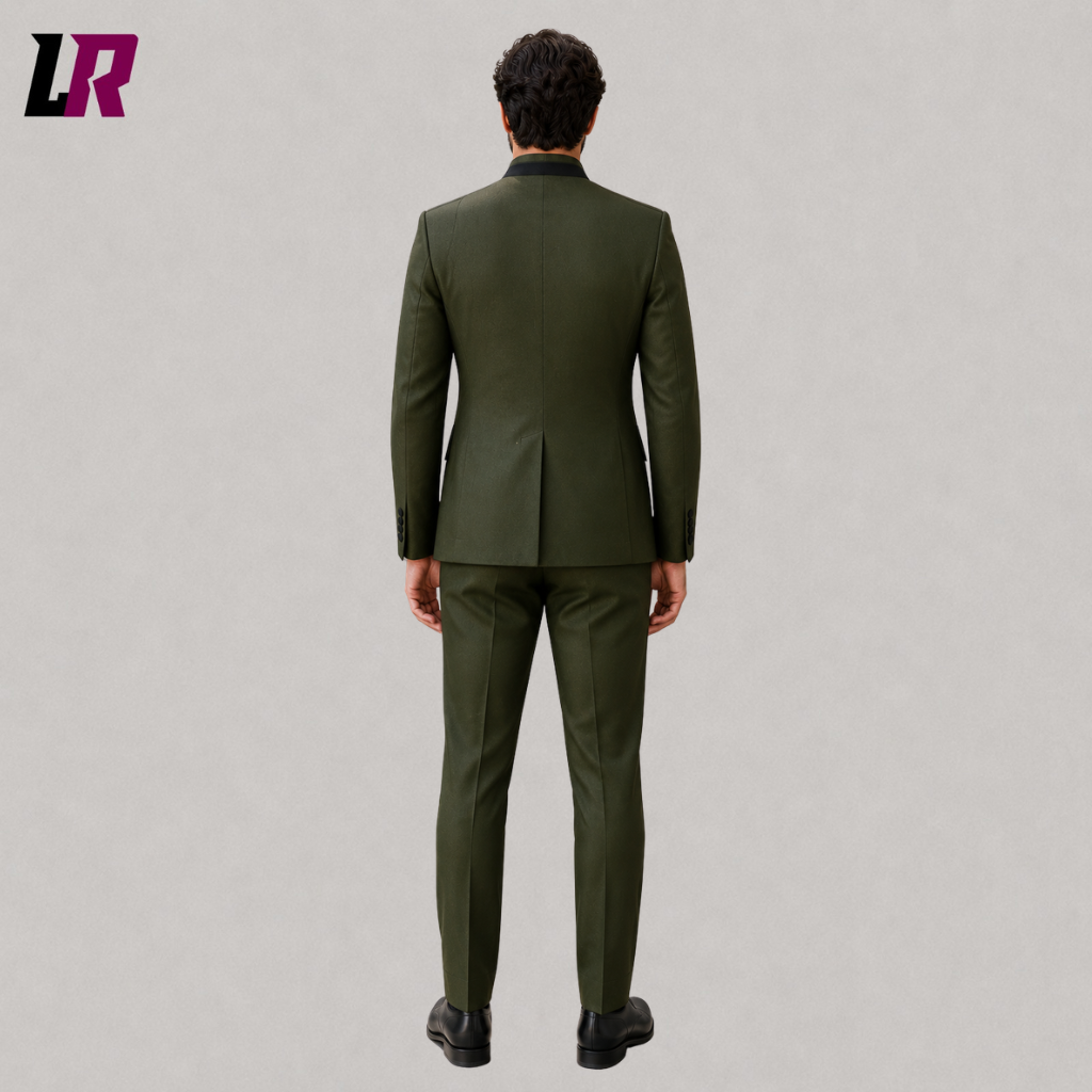 Back view of a custom men's olive green Zhongshan-inspired suit showing the elegant tailored silhouette