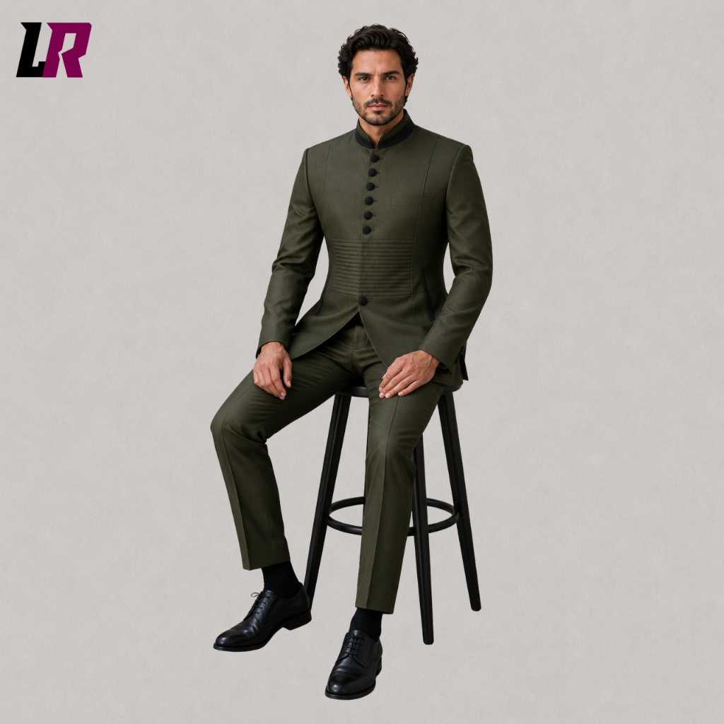 Man sitting on a stool wearing an olive green Mandarin collar Mao suit for weddings and formal events