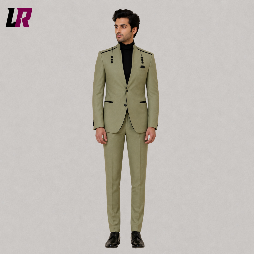 Front view of a men's sage green slim-fit wedding suit with tailored blazer and matching trousers