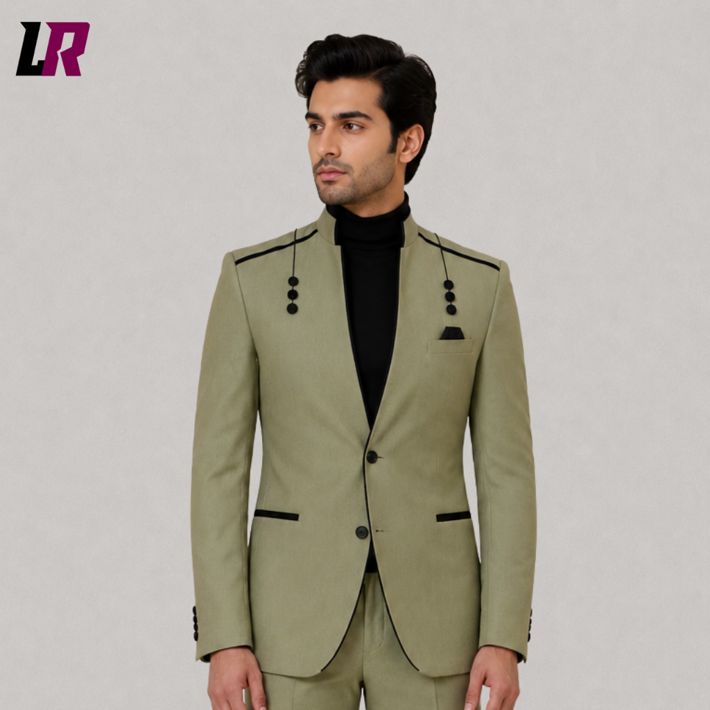 Close-up of a men's sage green designer suit featuring modern tailoring and premium formal fabric