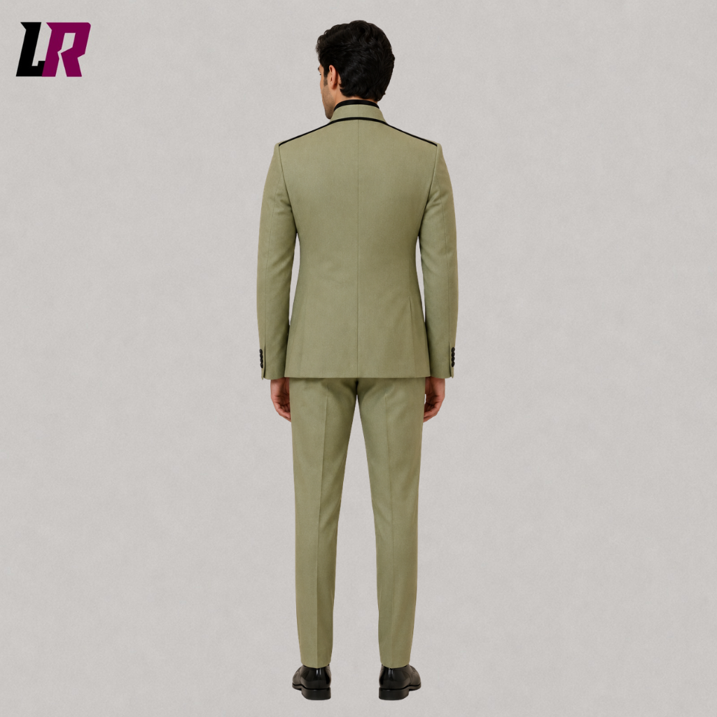 Back view of a men's sage green formal suit showing the elegant contemporary tailored silhouette
