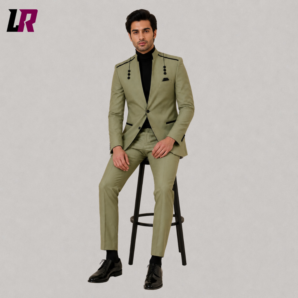 Man sitting on a stool wearing a sage green slim-fit suit for weddings, receptions, and formal events