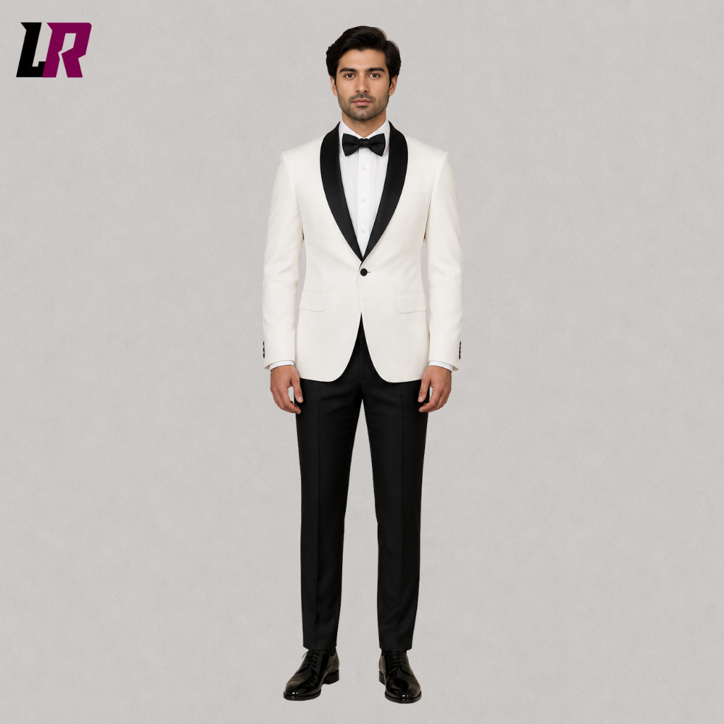 Front view of a men's white tuxedo dinner jacket with black shawl lapel for weddings and formal events