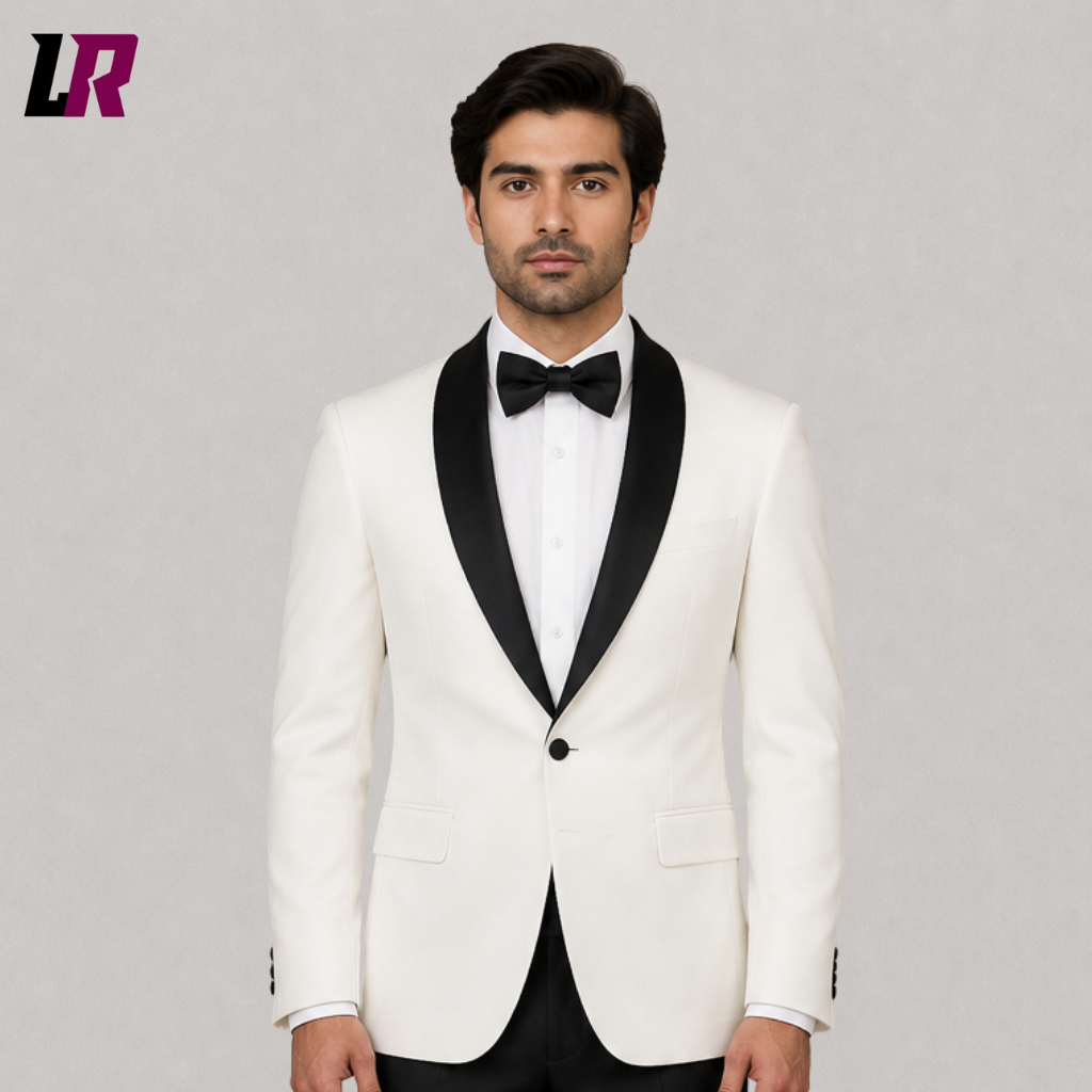 Close-up of a men's white tuxedo featuring a black shawl lapel and premium tailored craftsmanship