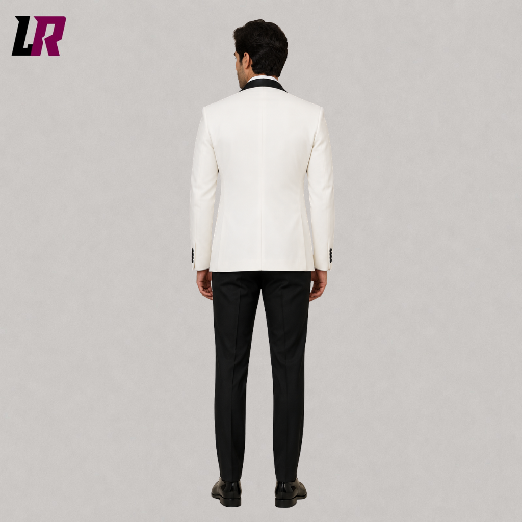 Back view of a custom men's white tuxedo jacket showing the elegant tailored silhouette