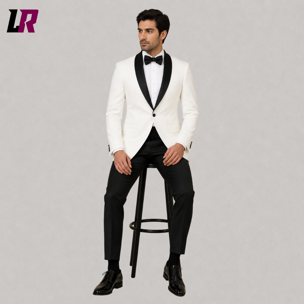 Man sitting on a stool wearing a white tuxedo with black shawl lapel for wedding and evening formalwear