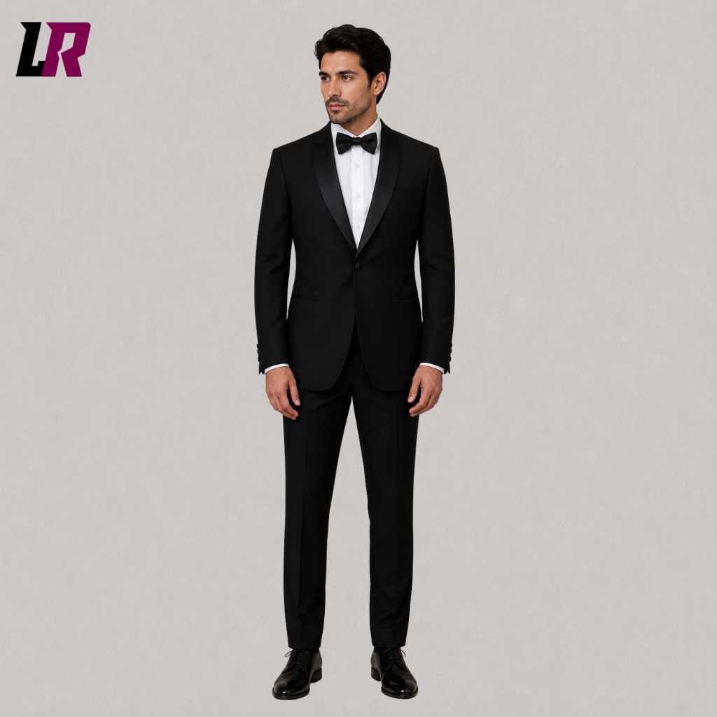 Front view of a men's black 2-piece tuxedo with shawl lapel and matching formal trousers