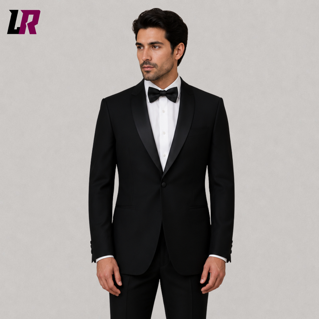 Close-up of a men's black tuxedo featuring an elegant shawl lapel and premium wool cotton blend fabric