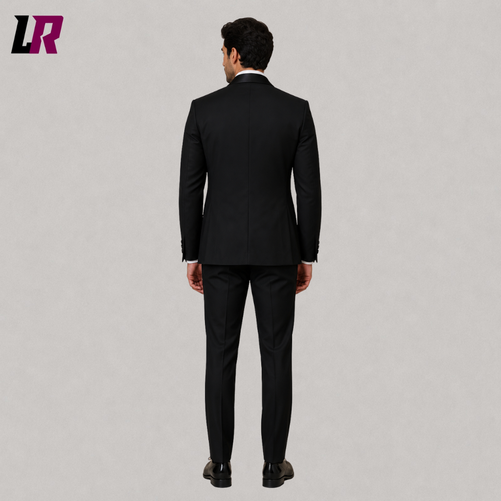 Back view of a custom men's black tuxedo showing the elegant tailored formal silhouette