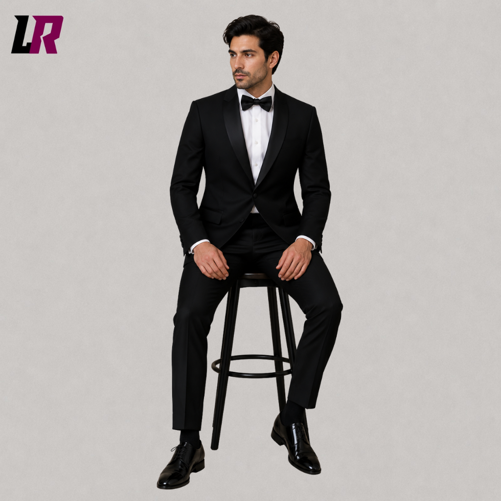 Man sitting on a stool wearing a black shawl lapel tuxedo for weddings, prom, and formal events