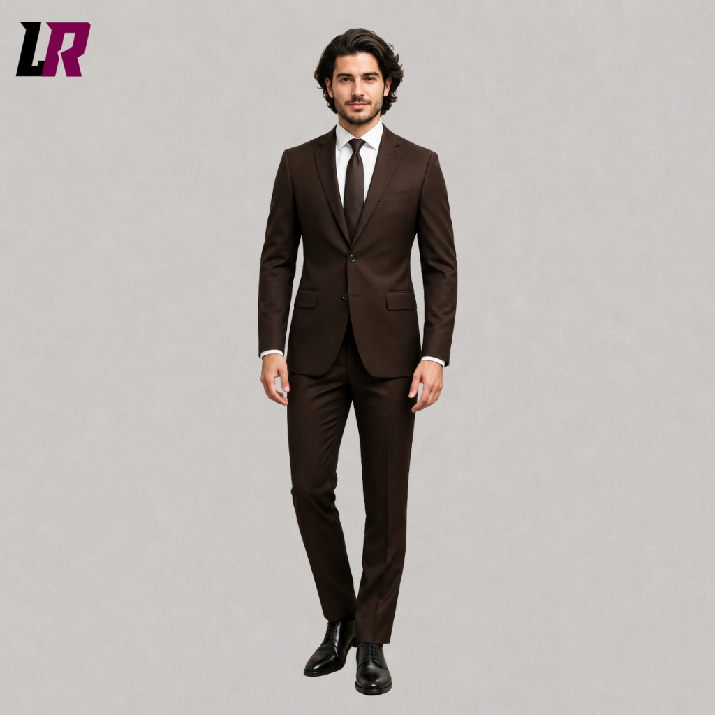 Front view of a men's brown slim-fit wedding suit with tailored jacket and matching trousers