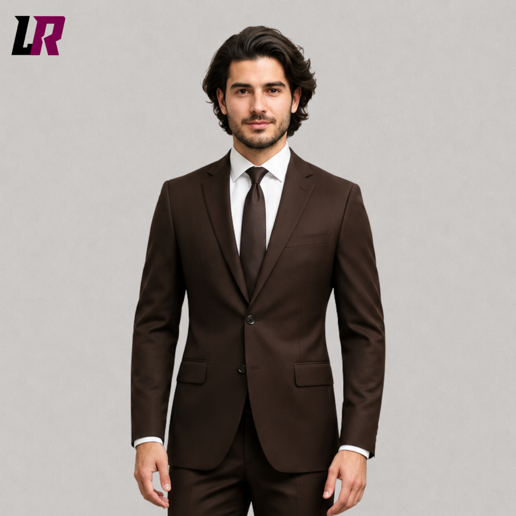 Close-up of a men's brown 2-piece suit featuring elegant tailoring and premium formal fabric