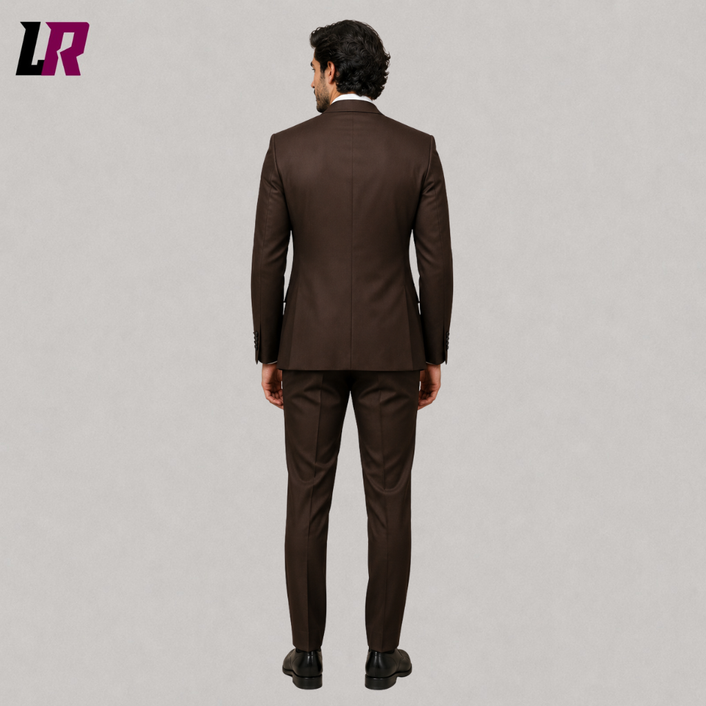 Back view of a men's brown formal suit showing the elegant slim-fit tailored silhouette