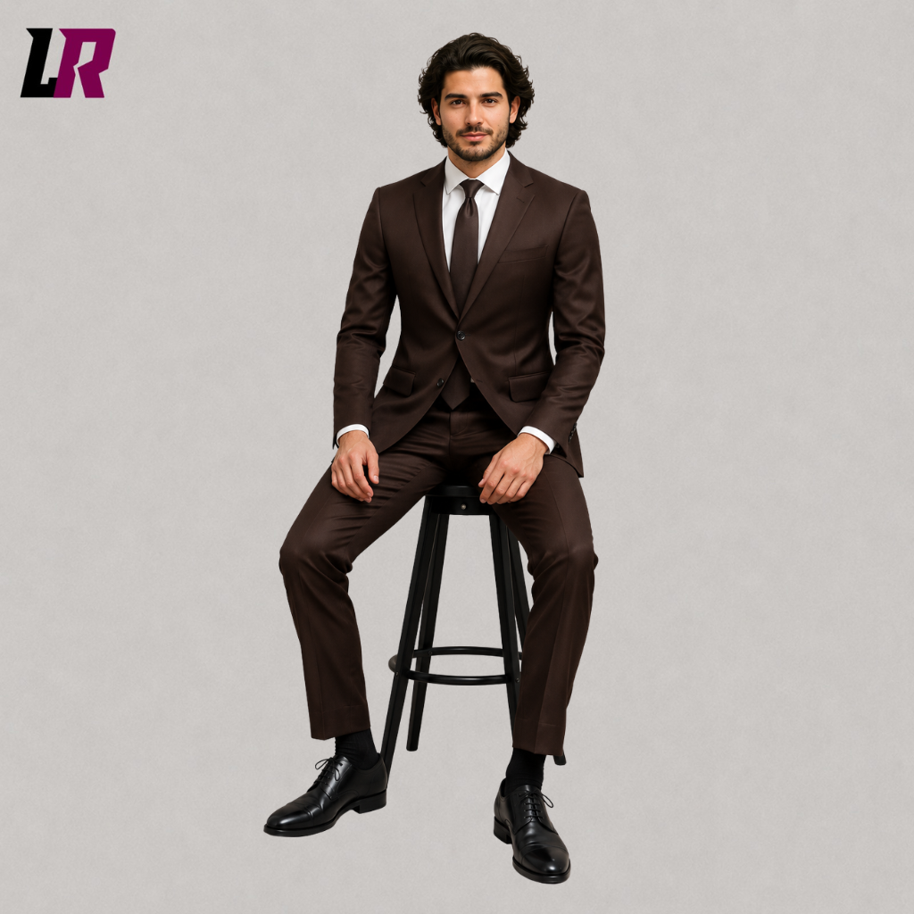 Man sitting on a stool wearing a brown 2-piece suit for weddings, business events, and formal occasions