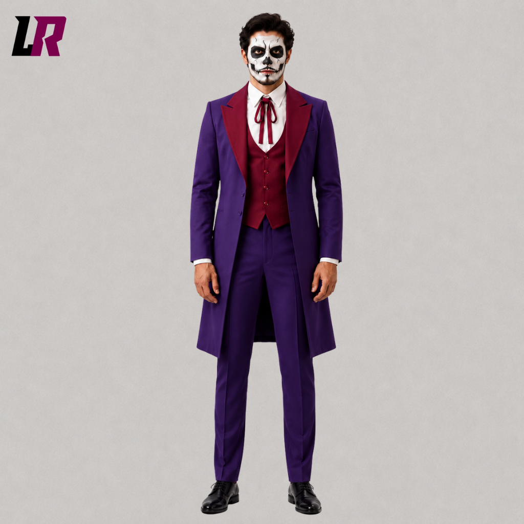Front view of a men's purple tailcoat suit with matching waistcoat and trousers for Halloween and formal events