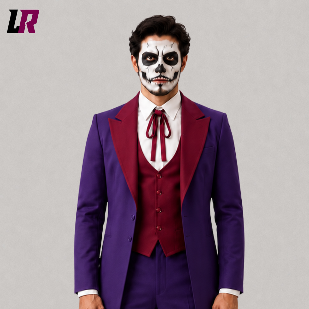 Close-up of a men's purple gothic tailcoat suit featuring dramatic tailoring and three-piece formal styling