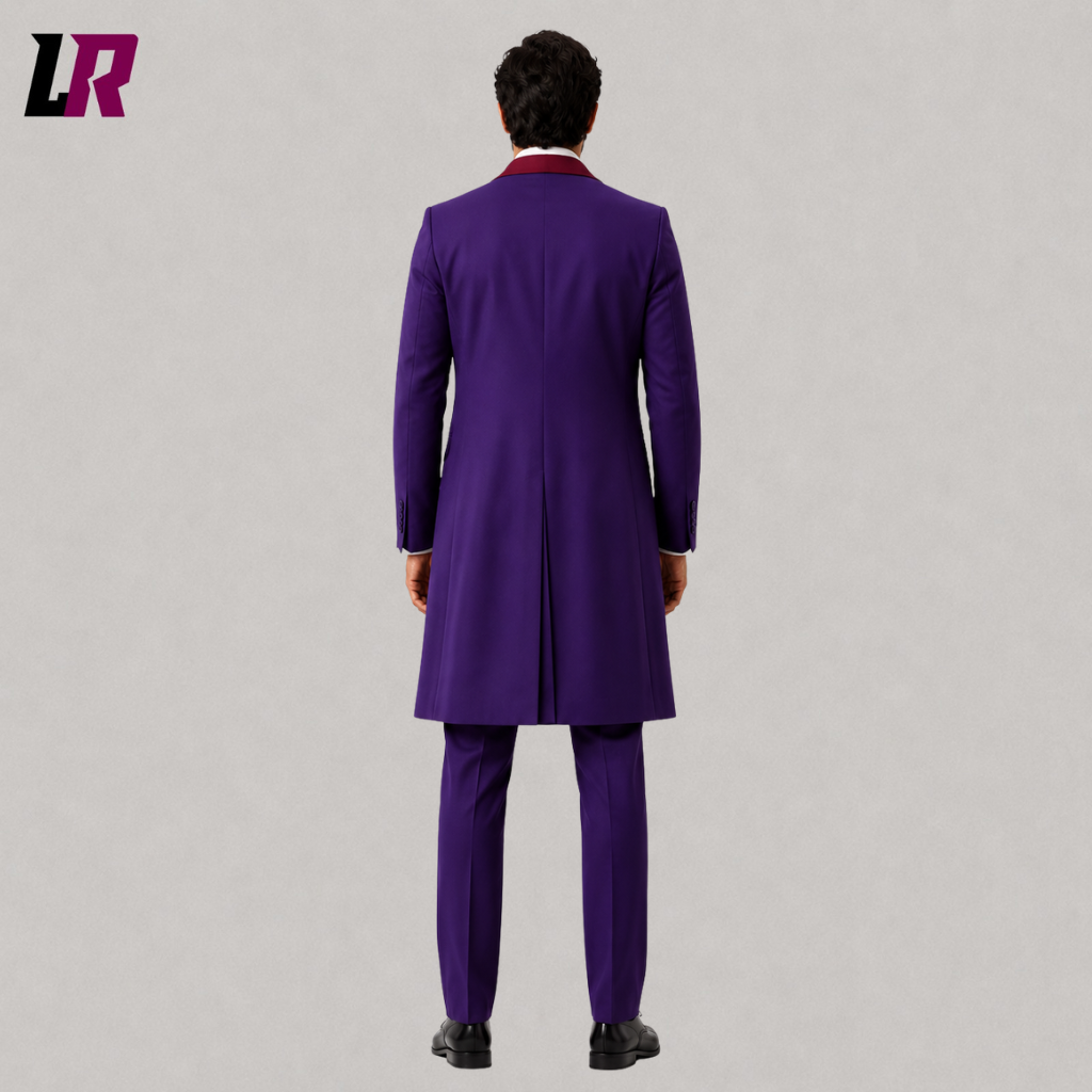 Back view of a custom men's purple gothic tailcoat showing the elegant long-tail silhouette