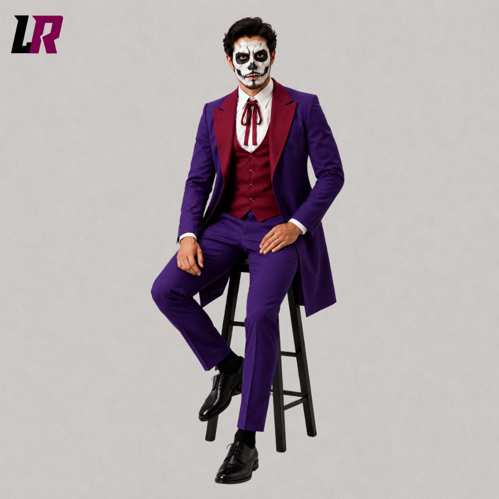 Man sitting on a stool wearing a purple three-piece gothic tailcoat suit for Halloween and themed events