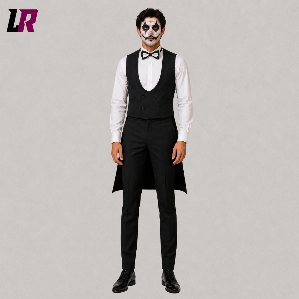 Front view of a men's black Victorian Halloween waistcoat with gothic styling for cosplay and formal events