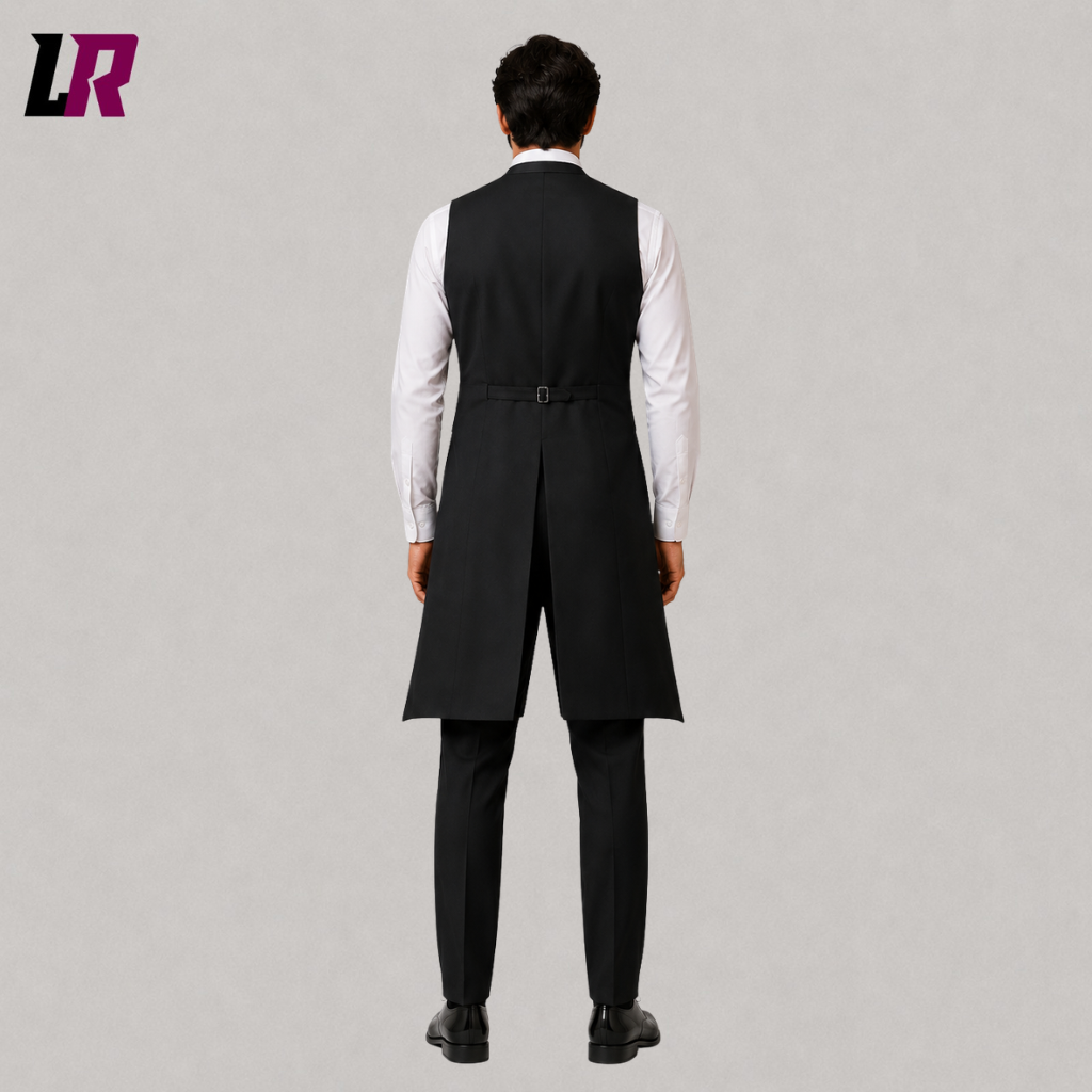 Back view of a custom men's black gothic Halloween waistcoat showing the structured tailored silhouette