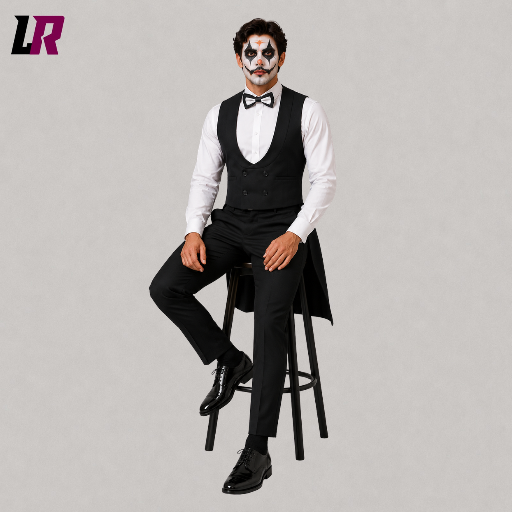 Man sitting on a stool wearing a black gothic Halloween waistcoat for cosplay and Victorian-themed events