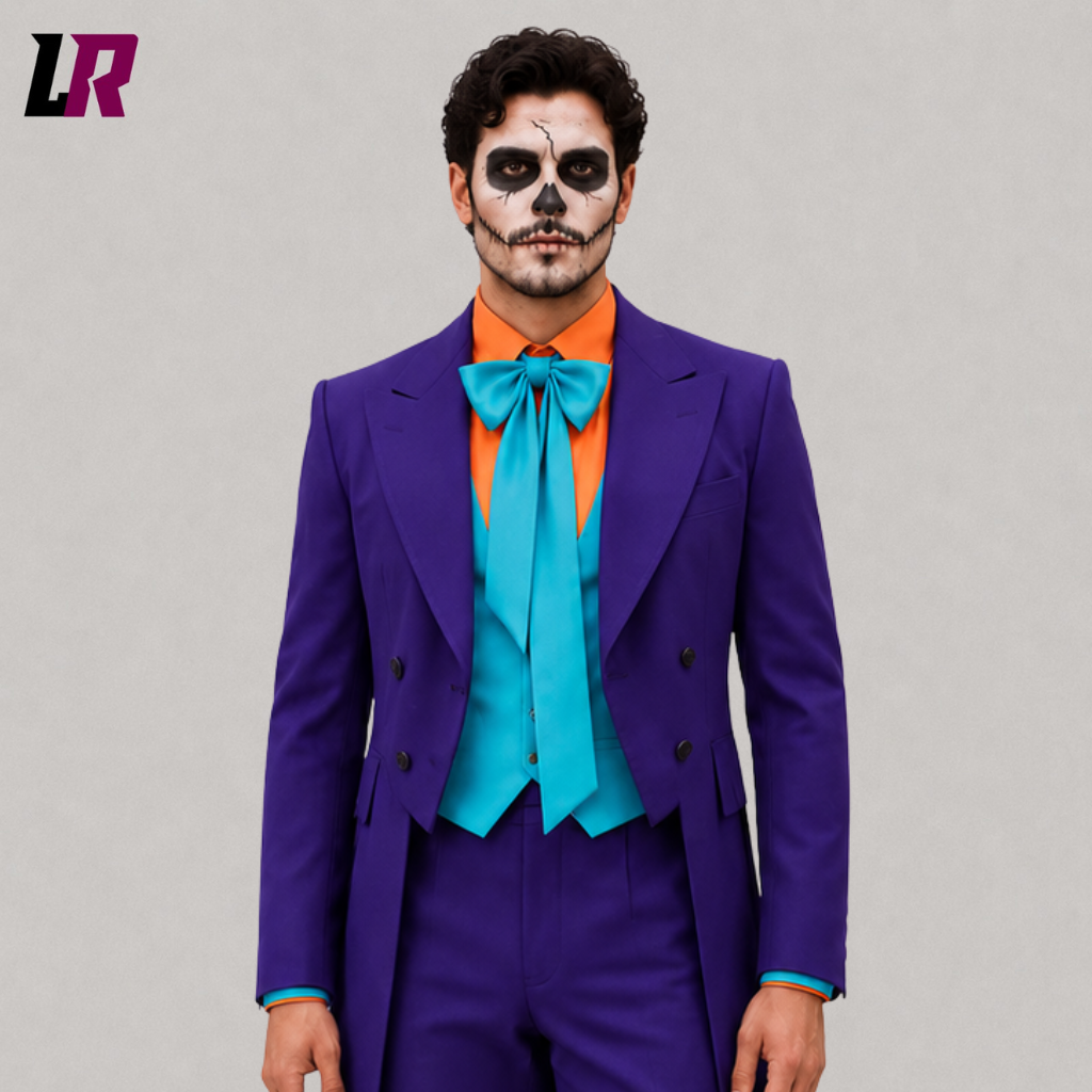 Close-up of a men's purple Joker-inspired Halloween tailcoat featuring dramatic gothic styling and tailored craftsmanship