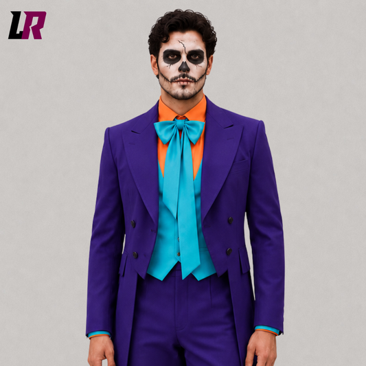 Close-up of a men's purple Joker-inspired Halloween tailcoat featuring dramatic gothic styling and tailored craftsmanship