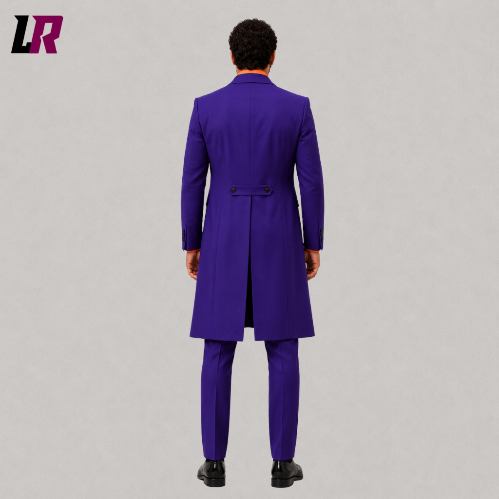 Back view of a custom men's purple gothic Halloween tailcoat showing the dramatic long-tail silhouette