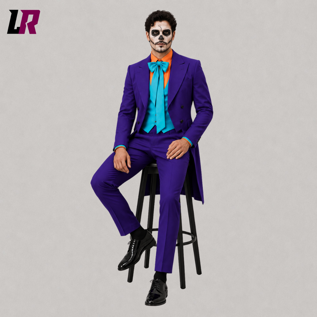 Man sitting on a stool wearing a purple Joker-inspired Halloween tailcoat for cosplay and themed events
