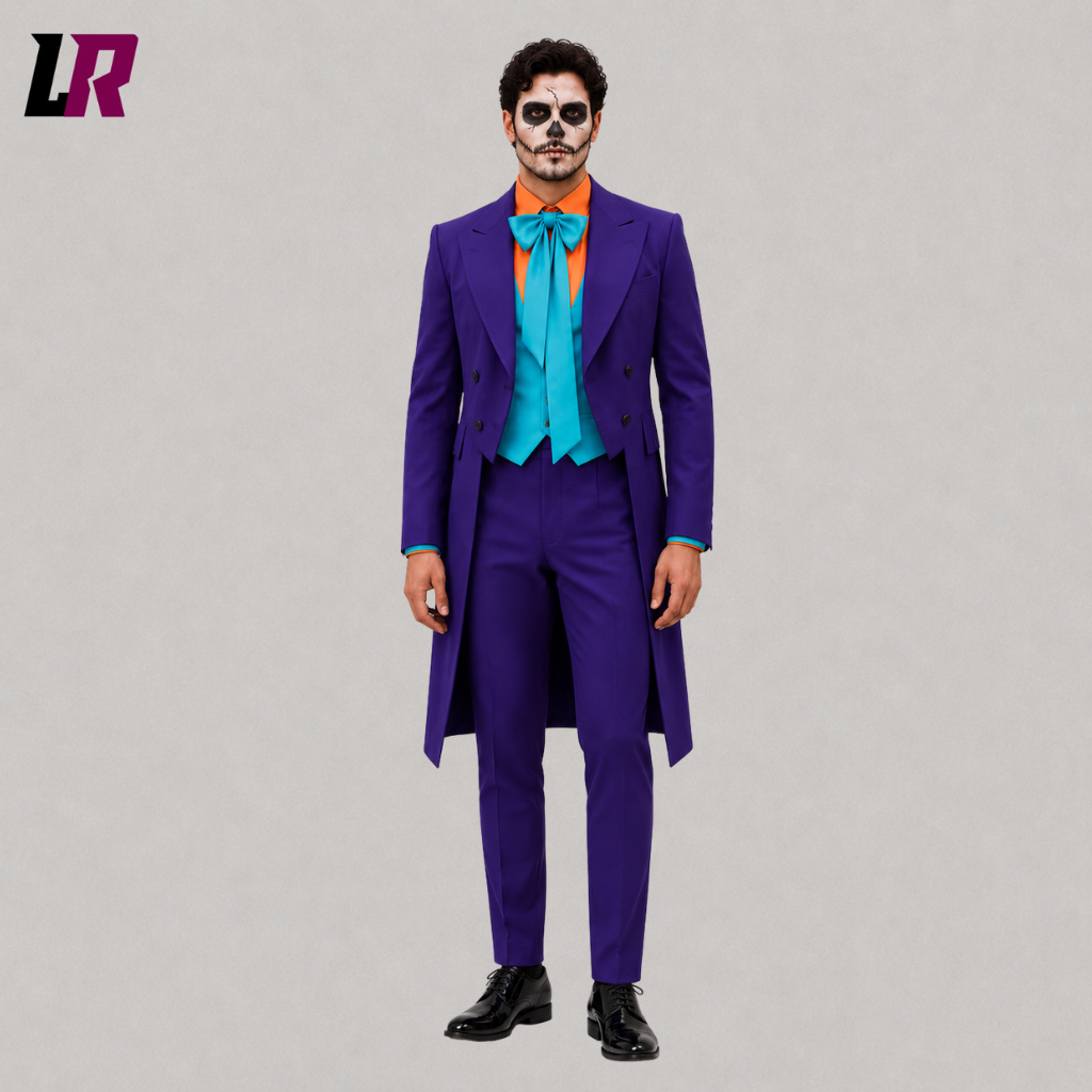 Front view of a men's purple Halloween tailcoat suit with long coat silhouette for cosplay and costume events