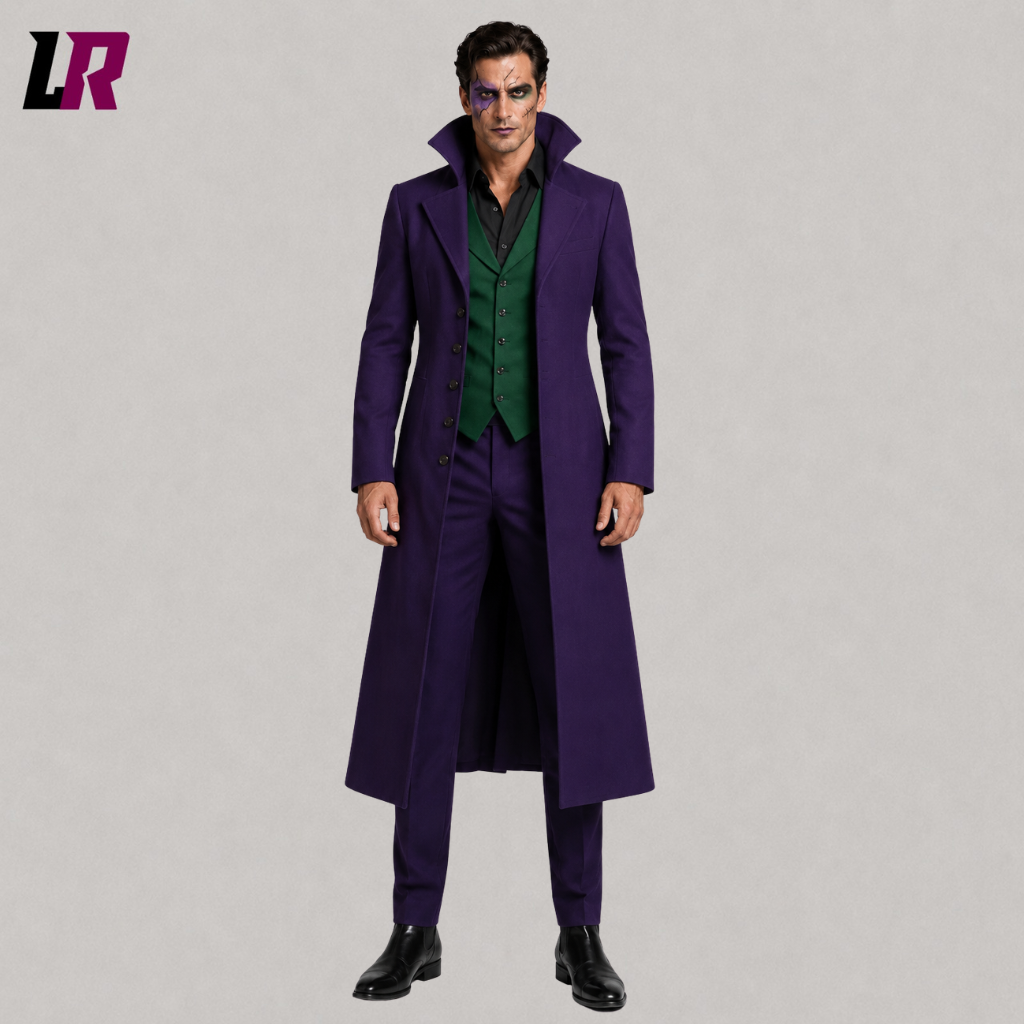 Front view of a men's purple Halloween long coat suit with dramatic tailcoat silhouette for cosplay and costume events
