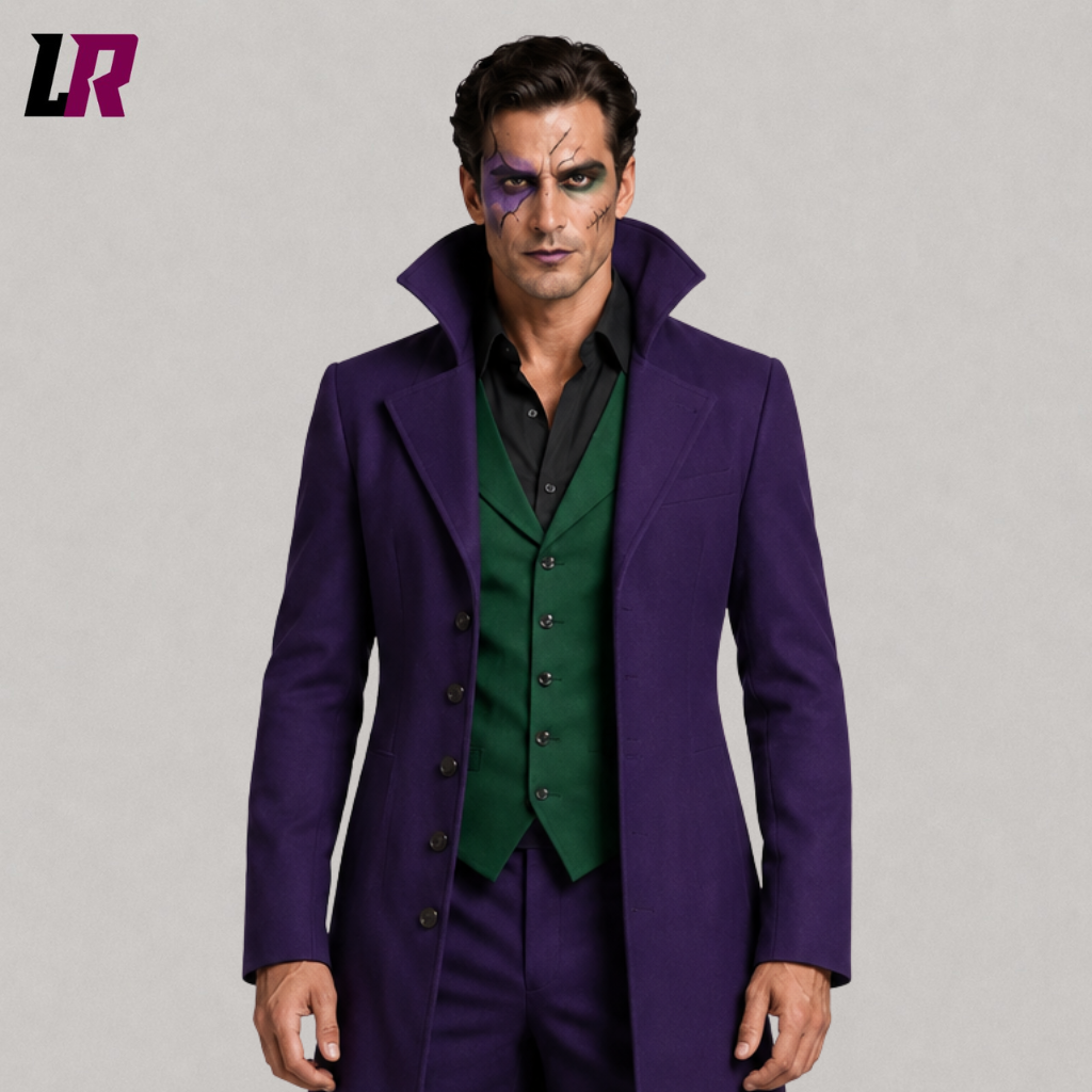 Close-up of a men's purple Joker-inspired Halloween long coat featuring gothic formal styling and tailored craftsmanship