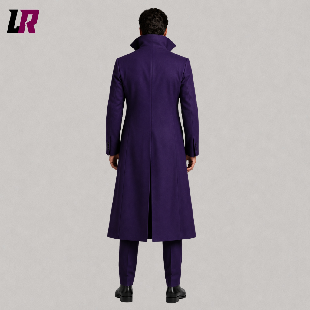 Back view of a custom men's purple gothic Halloween long coat showing the dramatic tailored silhouette